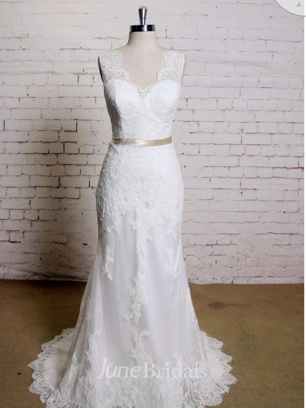 White Lace V-Neck Wedding Dress with Satin Belt